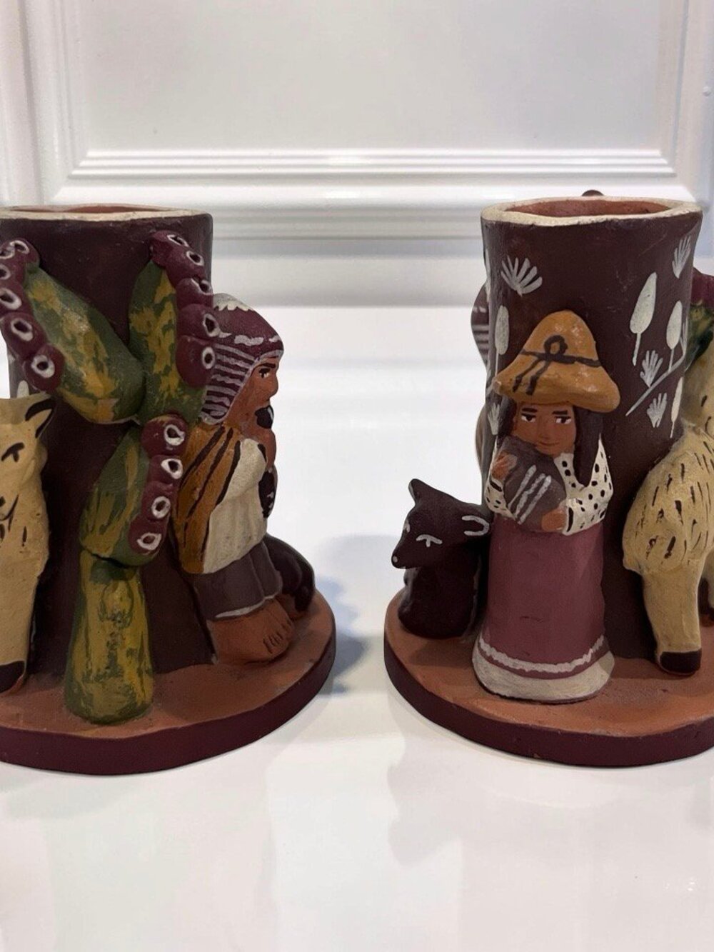 Vintage Peruvian Terra Cotta Folk Art Candle Holders Handcrafted and Handpainted